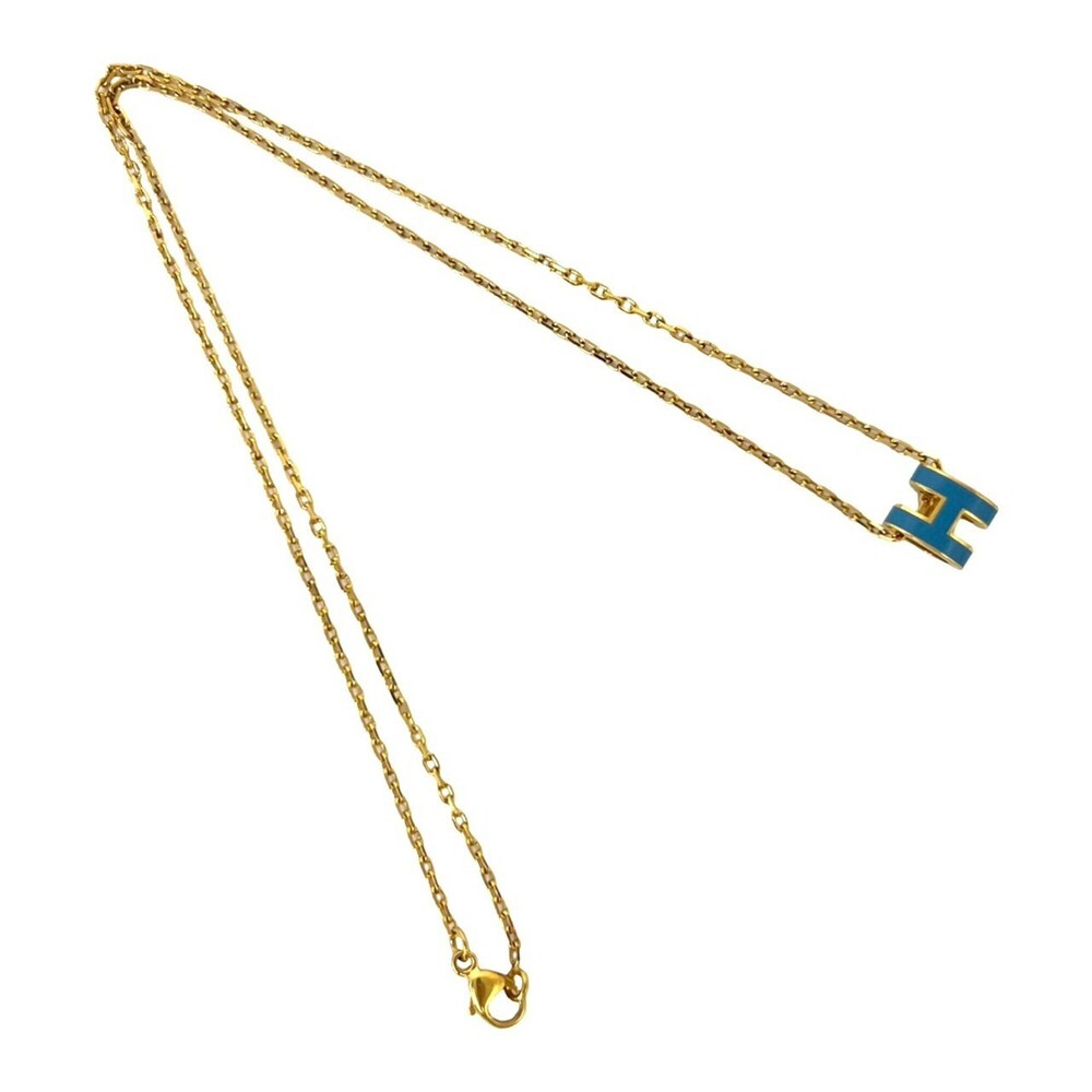 HERMES Mini Pop H GP Necklace Pendant Choker Accessory Gold Blue Jean 42980